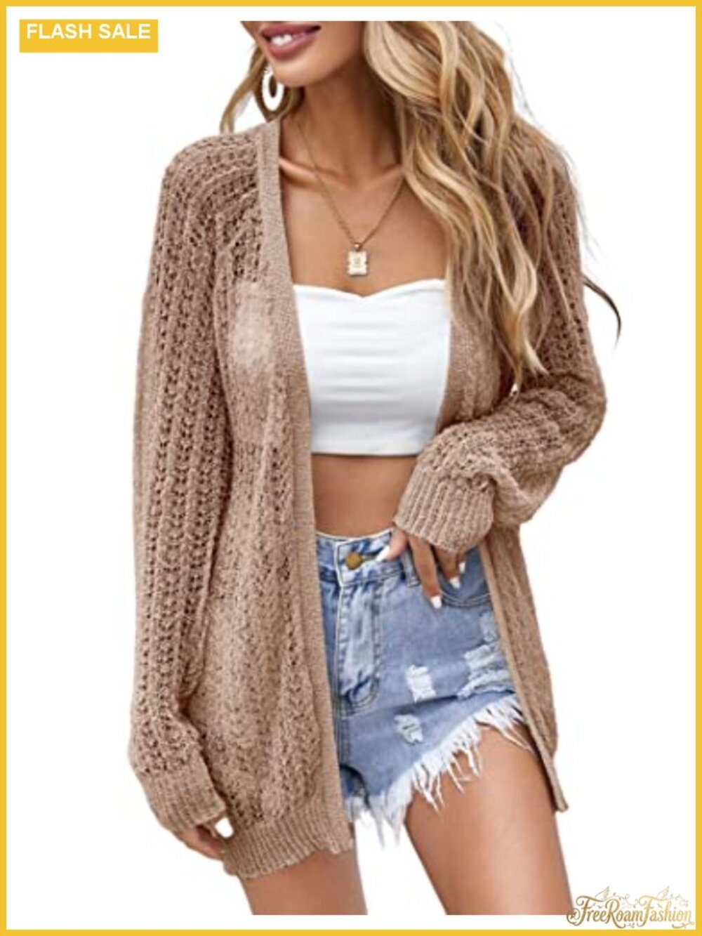 Women Crochet Lightweight Cardigan Open Front Long Sleeve Summer Cover Up